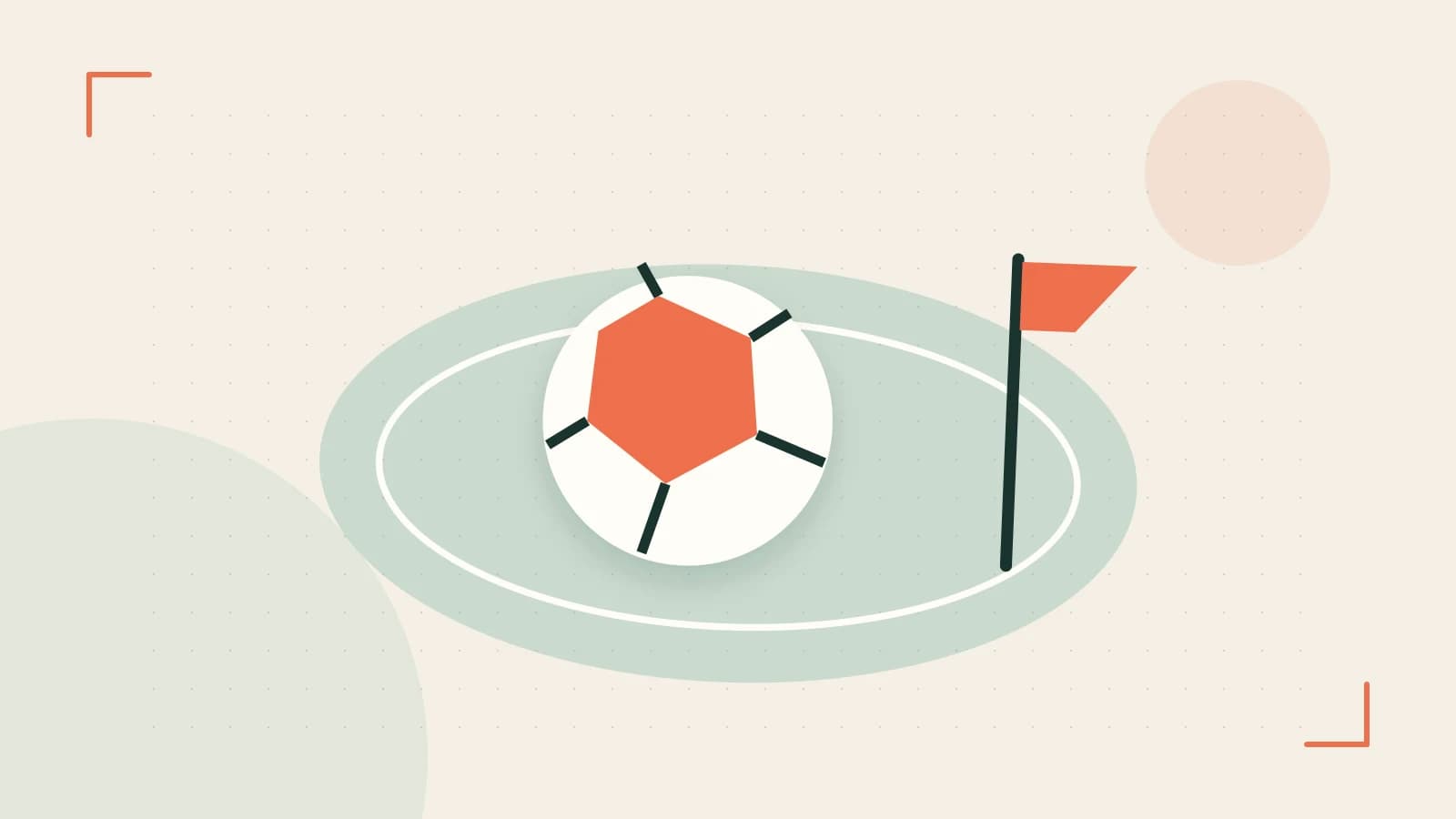 Editorial illustration of a stylized sports ball, stadium geometry and dynamic arcs