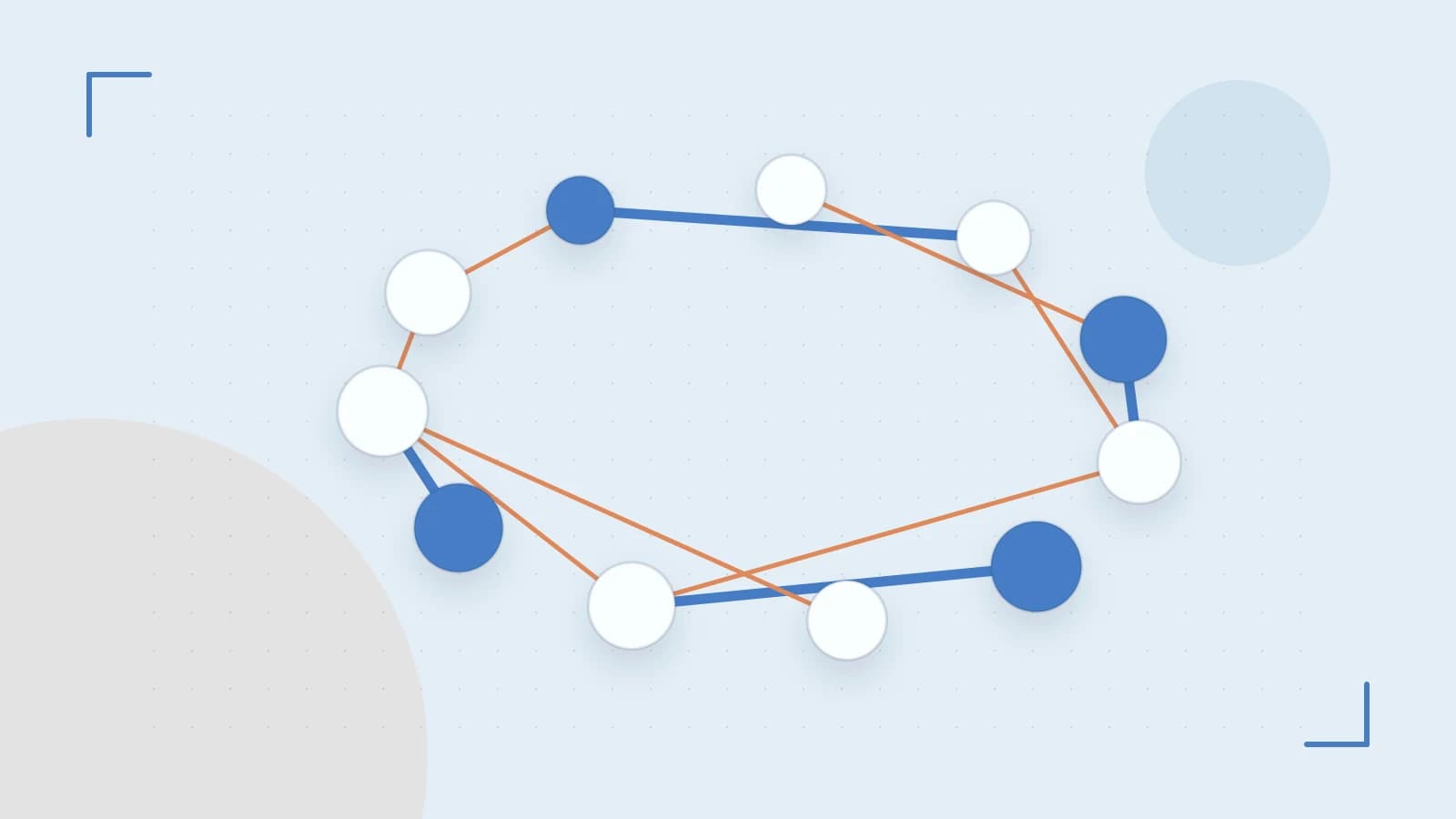 Editorial illustration of an algorithmic node graph with branching paths and a highlighted result