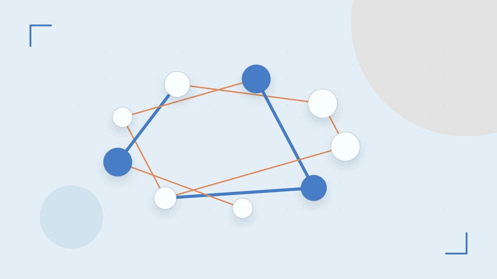 Editorial illustration of an algorithmic node graph with branching paths and a highlighted result