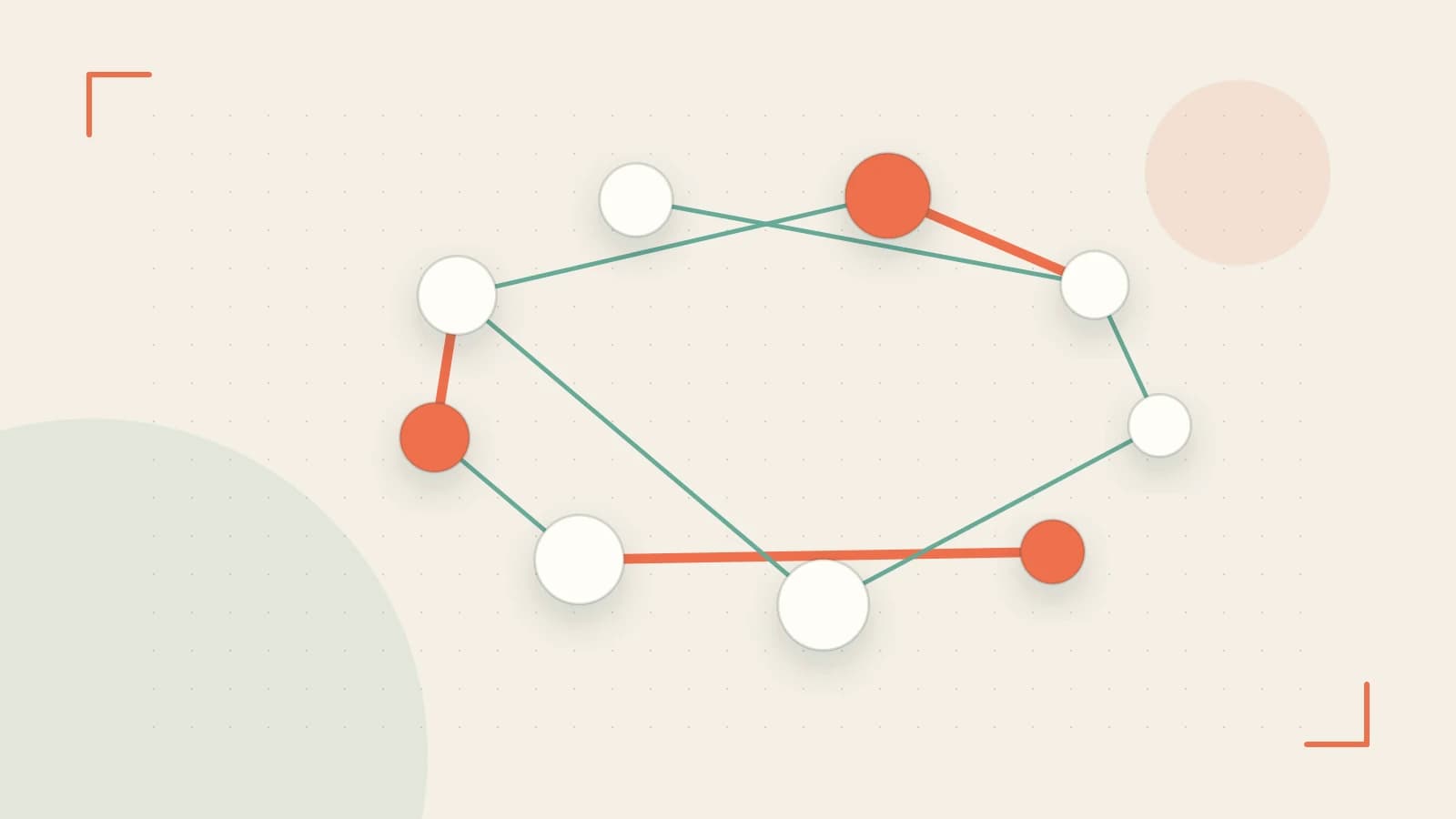 Editorial illustration of an algorithmic node graph with branching paths and a highlighted result
