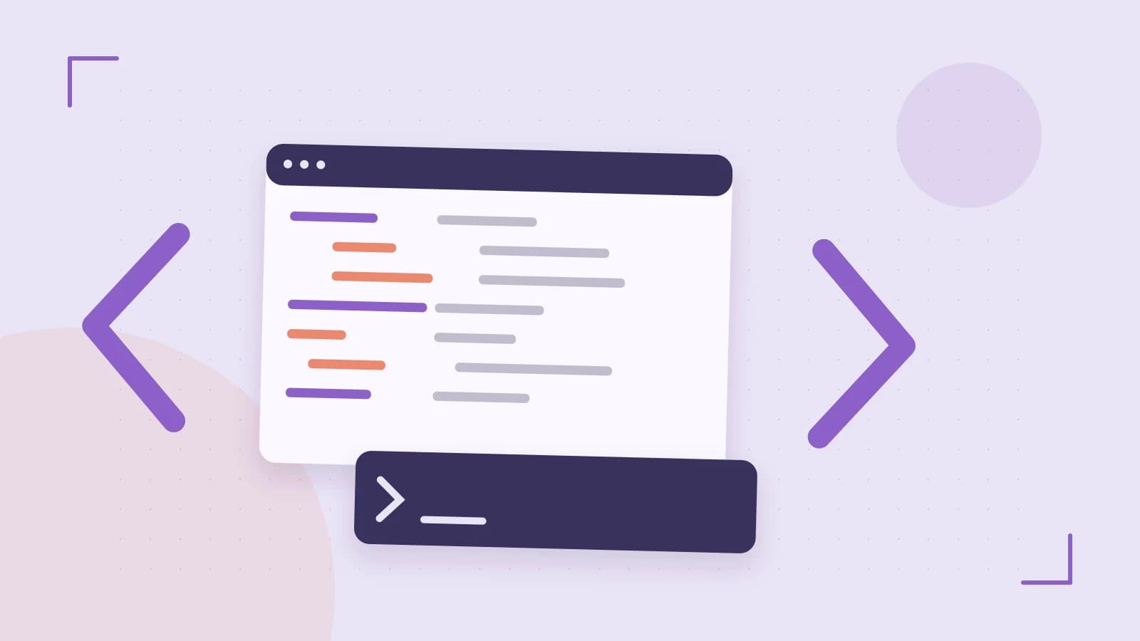 Editorial illustration of an abstract code editor, syntax blocks and oversized programming brackets