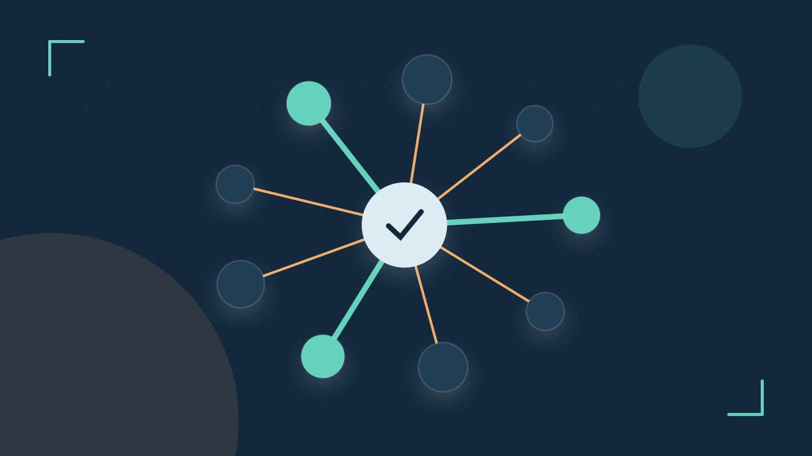 Editorial illustration of an algorithmic node graph with branching paths and a highlighted result