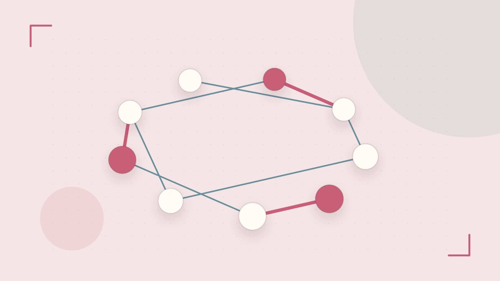 Editorial illustration of an algorithmic node graph with branching paths and a highlighted result