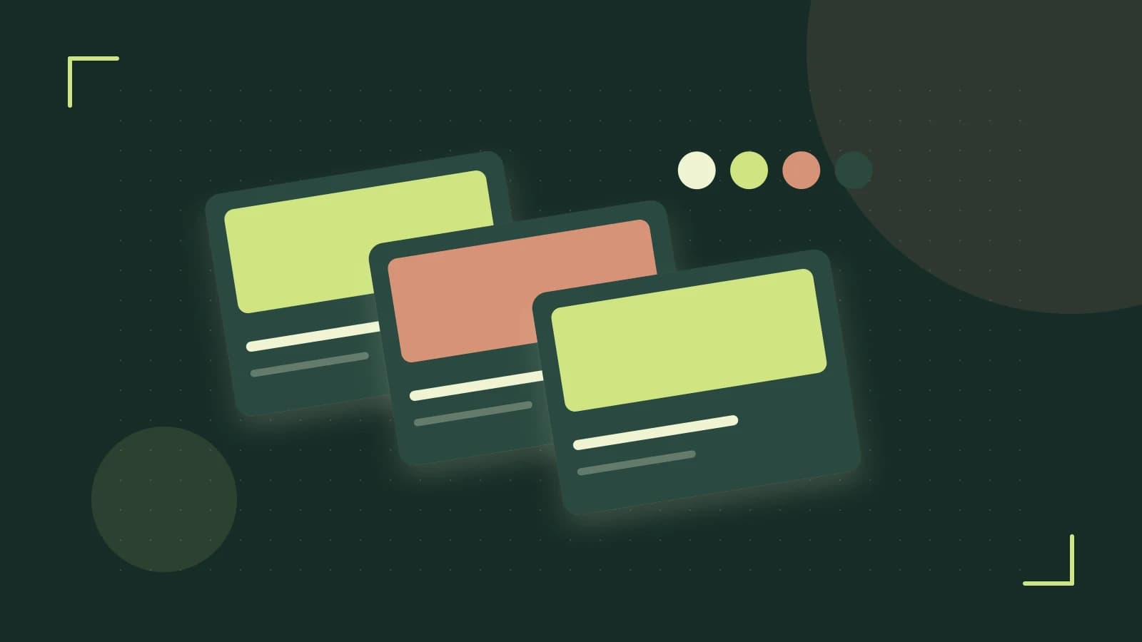 Editorial illustration of responsive browser layouts, overlapping design components and a color system
