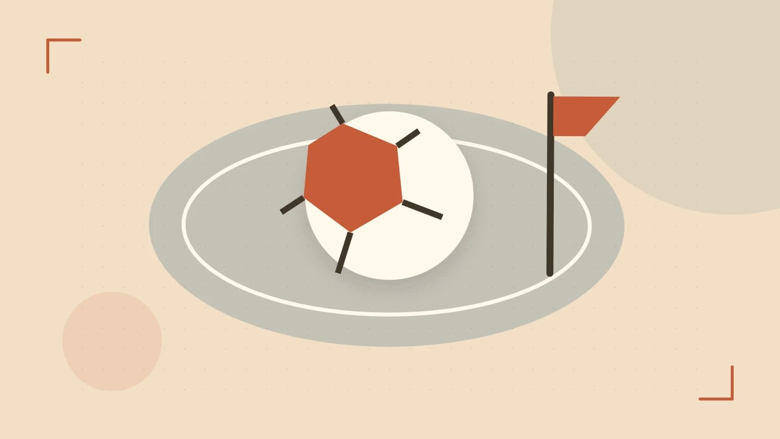 Editorial illustration of a stylized sports ball, stadium geometry and dynamic arcs