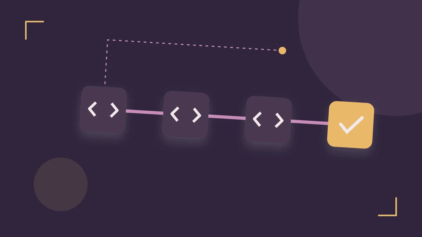 Editorial illustration of a branching build pipeline, staged transformations and a completed check