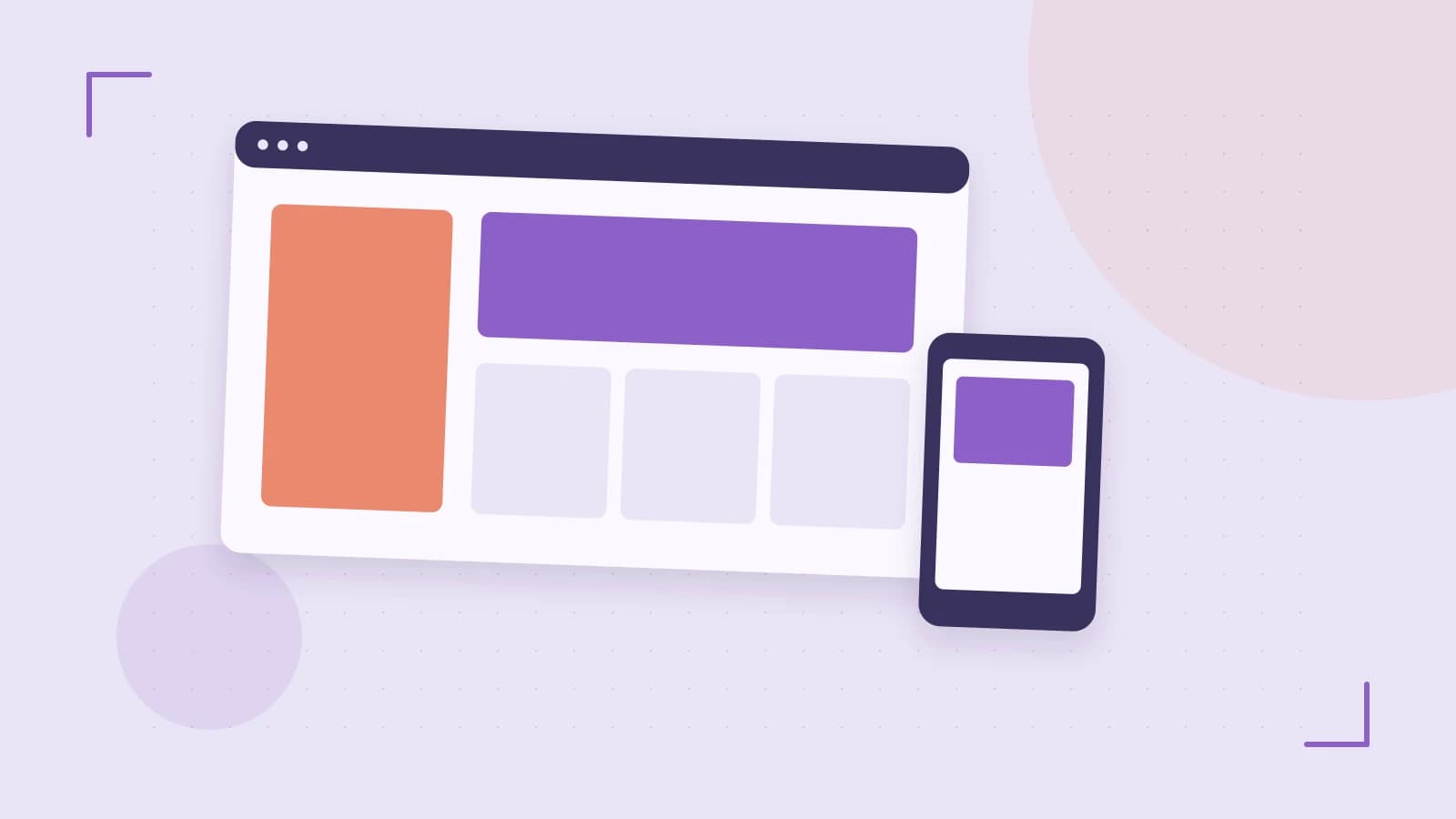Editorial illustration of responsive browser layouts, overlapping design components and a color system