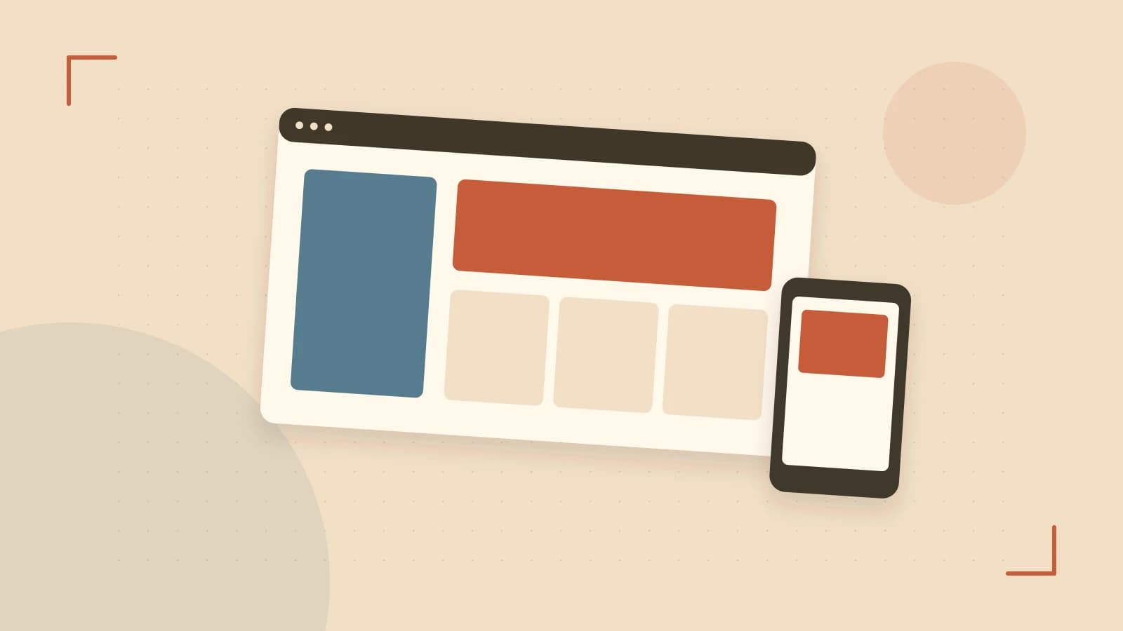 Editorial illustration of responsive browser layouts, overlapping design components and a color system