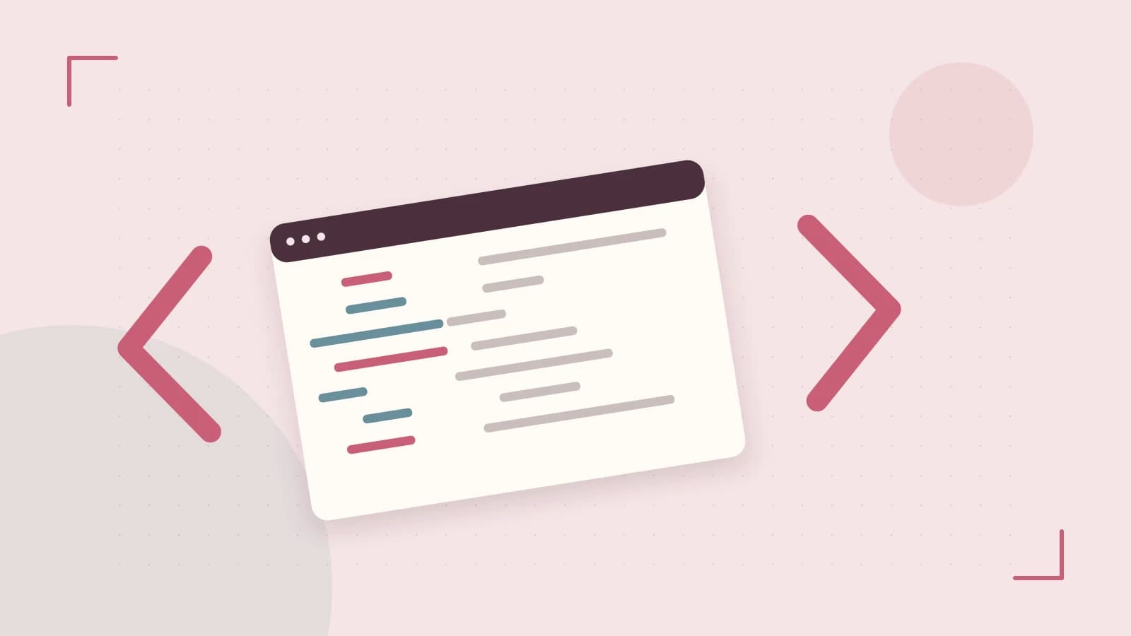 Editorial illustration of an abstract code editor, syntax blocks and oversized programming brackets