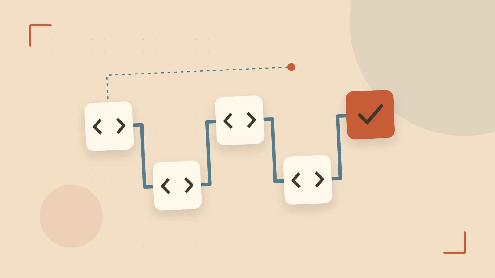 Editorial illustration of a branching build pipeline, staged transformations and a completed check