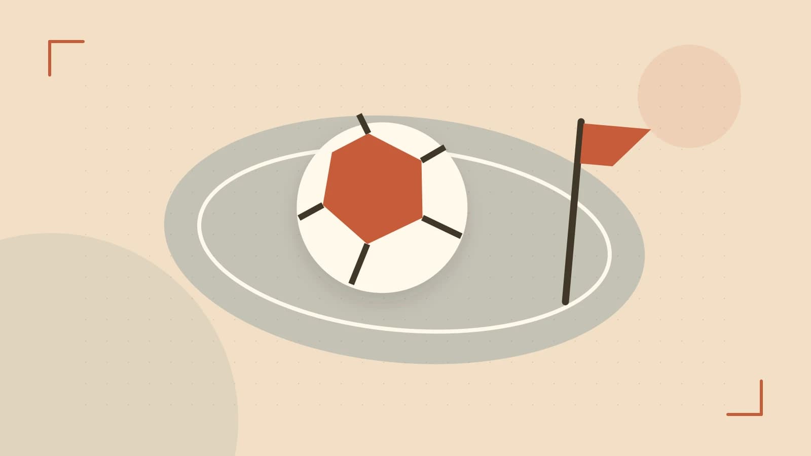 Editorial illustration of a stylized sports ball, stadium geometry and dynamic arcs