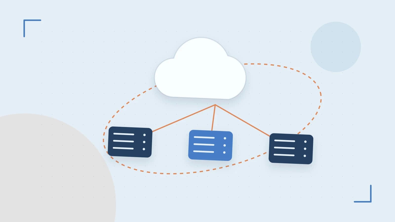 Editorial illustration of cloud infrastructure, connected server racks and an orbital service map
