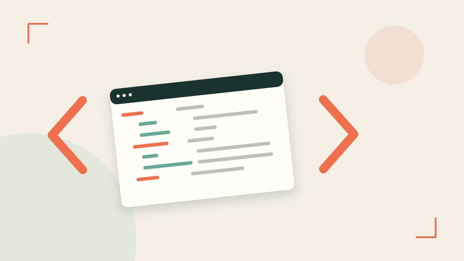 Editorial illustration of an abstract code editor, syntax blocks and oversized programming brackets