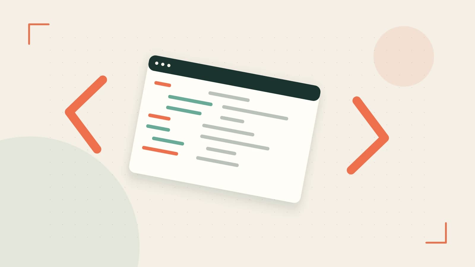Editorial illustration of an abstract code editor, syntax blocks and oversized programming brackets