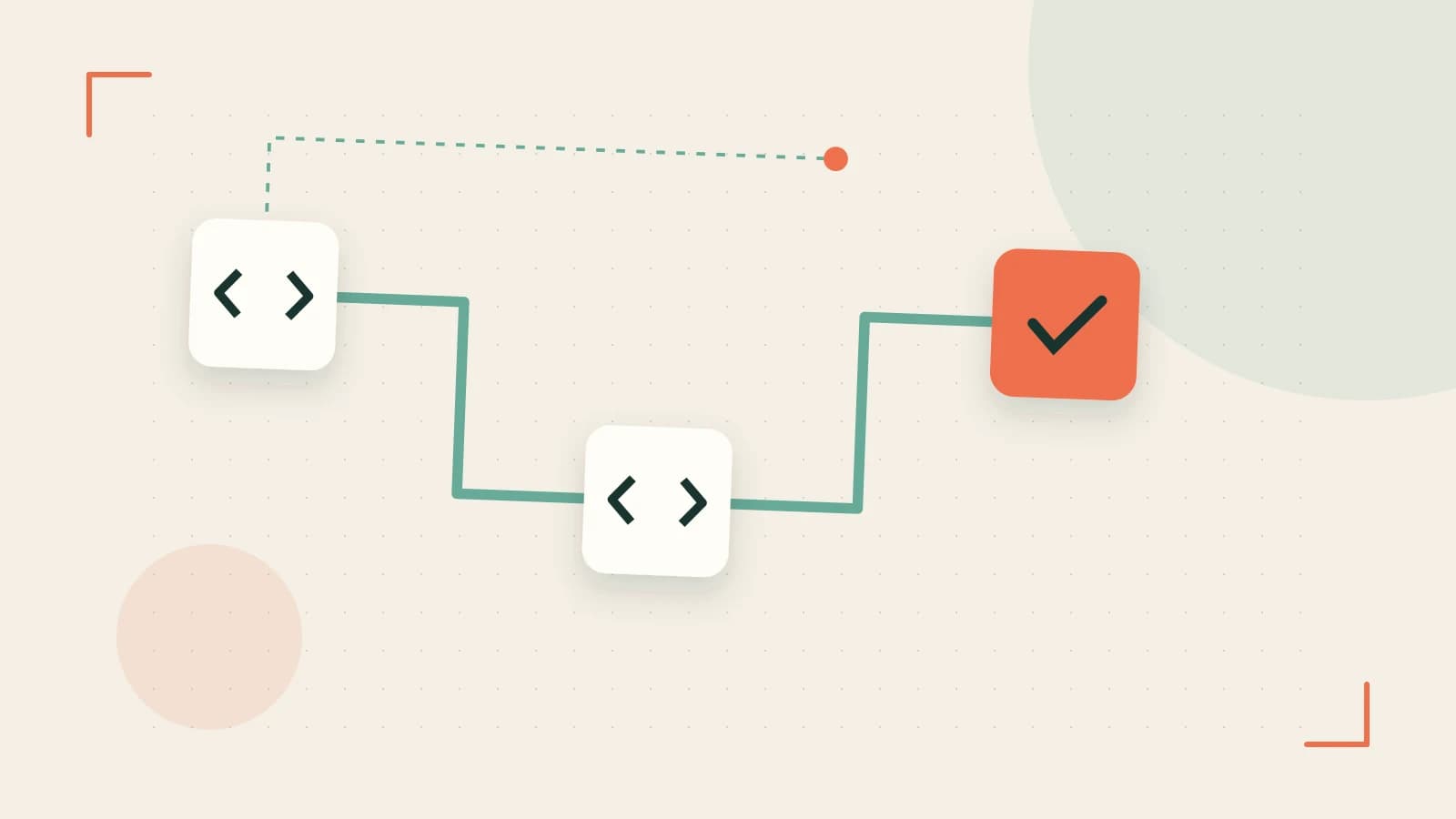 Editorial illustration of a branching build pipeline, staged transformations and a completed check