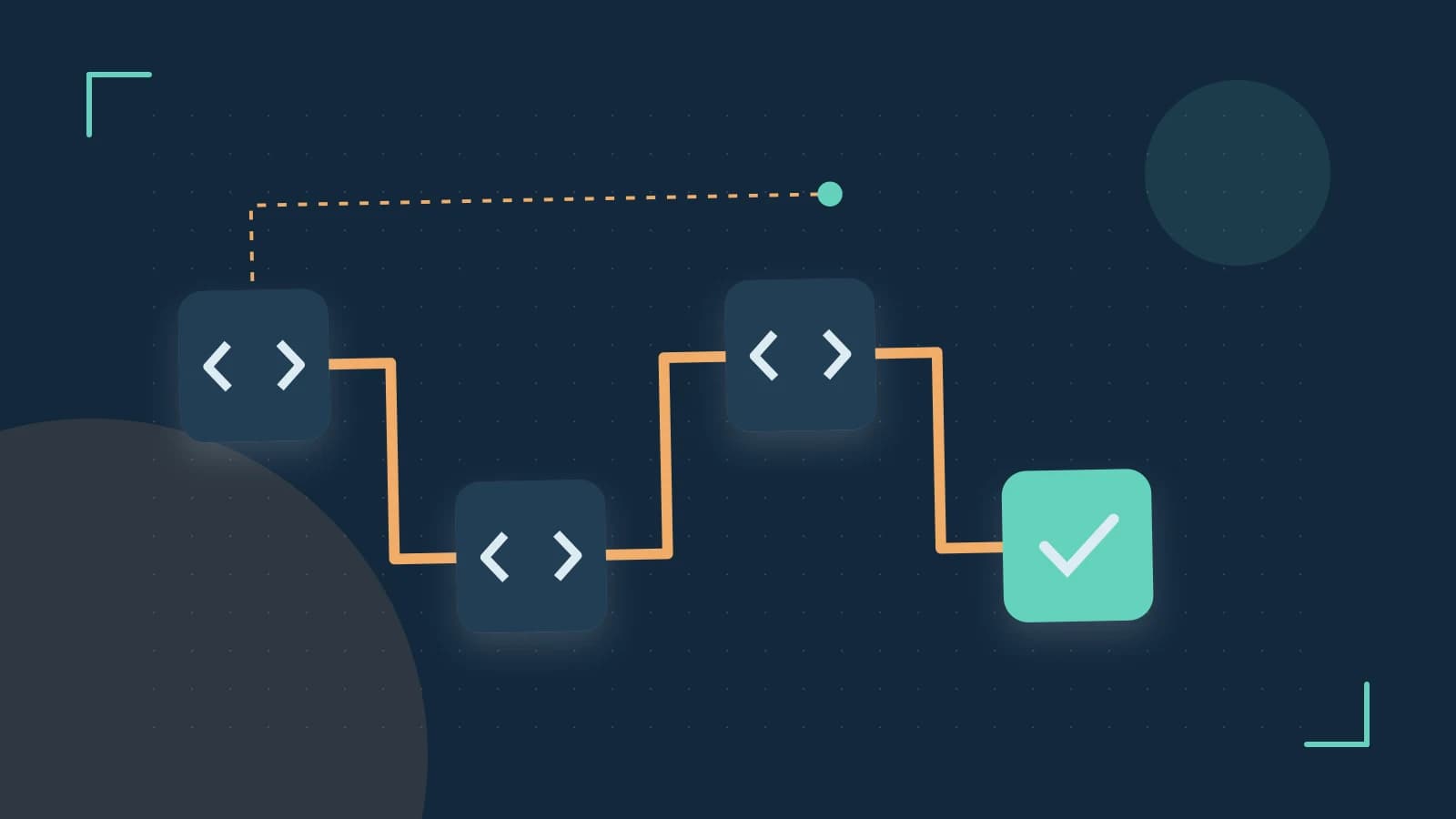 Editorial illustration of a branching build pipeline, staged transformations and a completed check