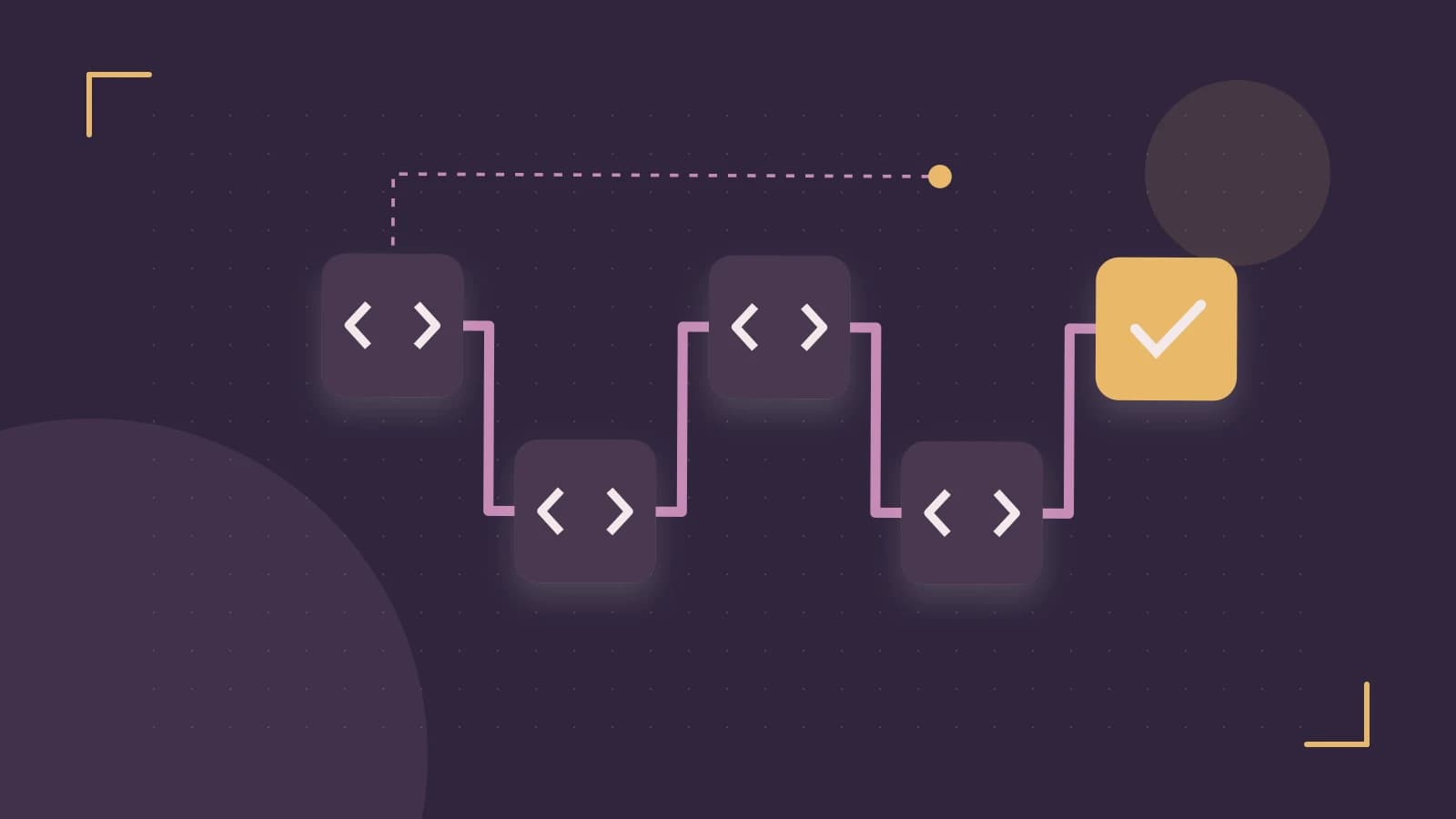 Editorial illustration of a branching build pipeline, staged transformations and a completed check