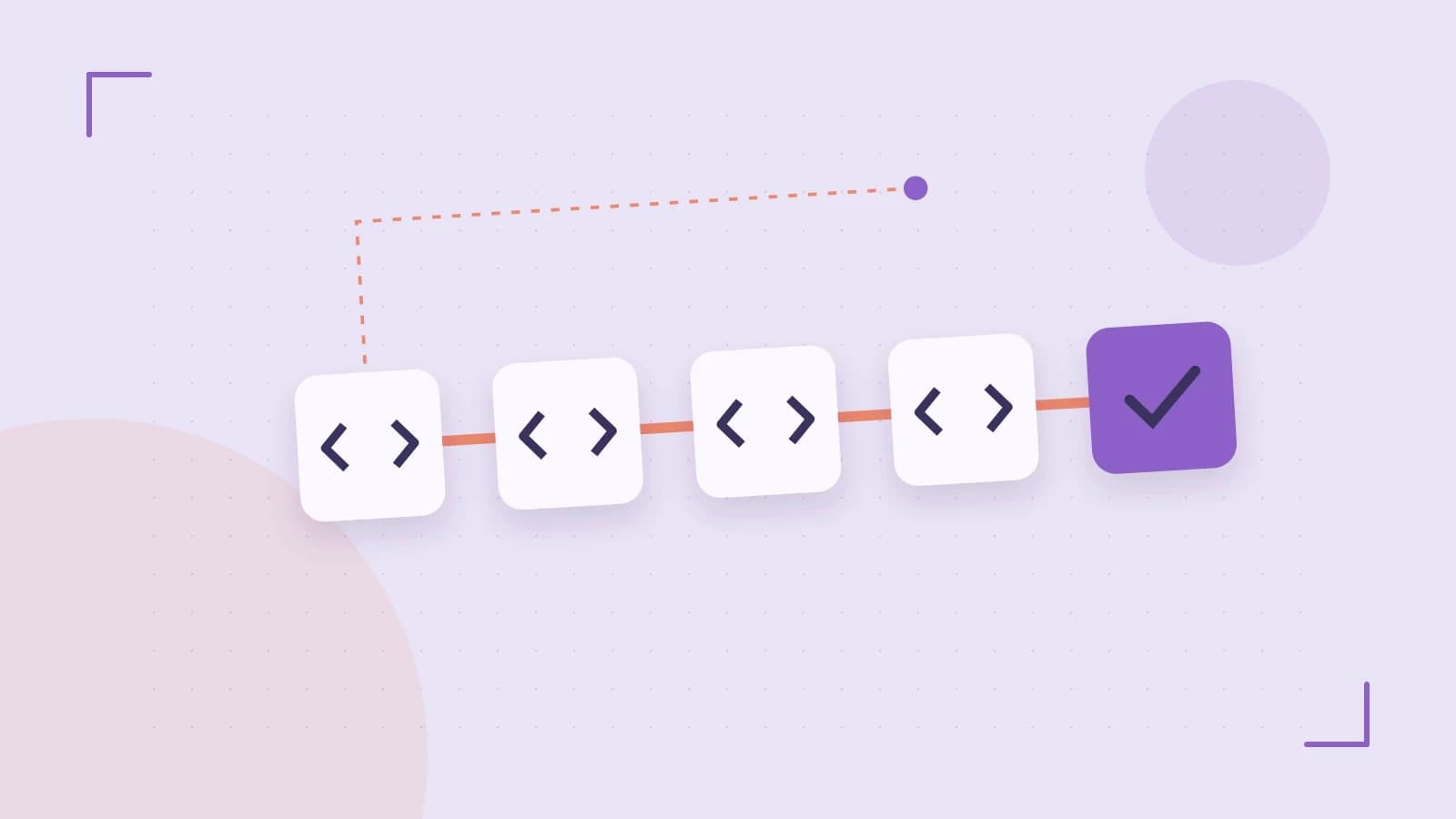 Editorial illustration of a branching build pipeline, staged transformations and a completed check