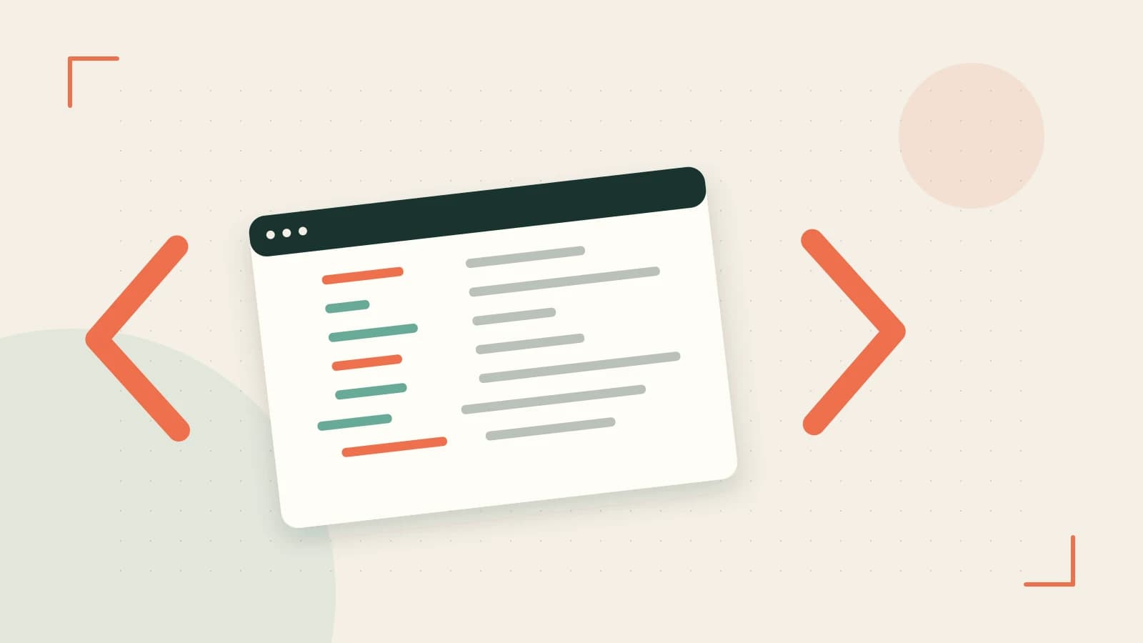 Editorial illustration of an abstract code editor, syntax blocks and oversized programming brackets