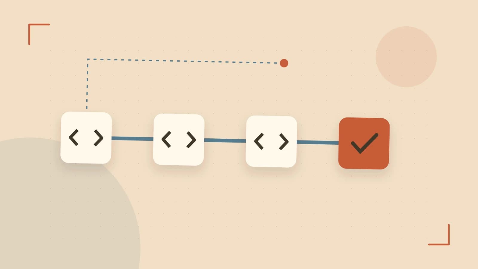 Editorial illustration of a branching build pipeline, staged transformations and a completed check