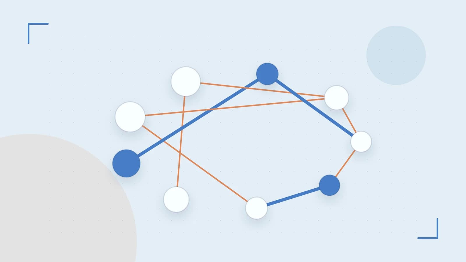 Editorial illustration of an algorithmic node graph with branching paths and a highlighted result