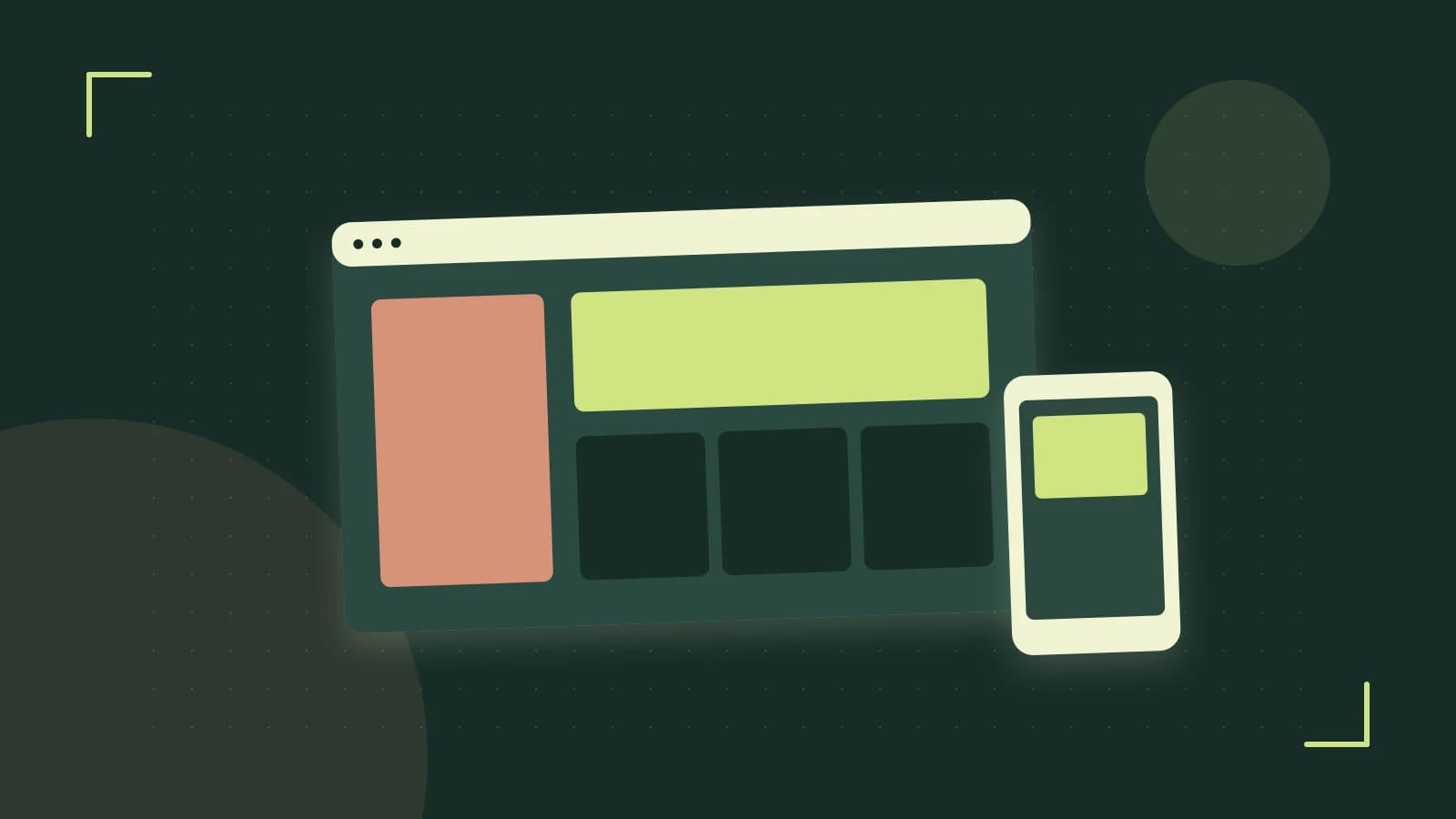 Editorial illustration of responsive browser layouts, overlapping design components and a color system