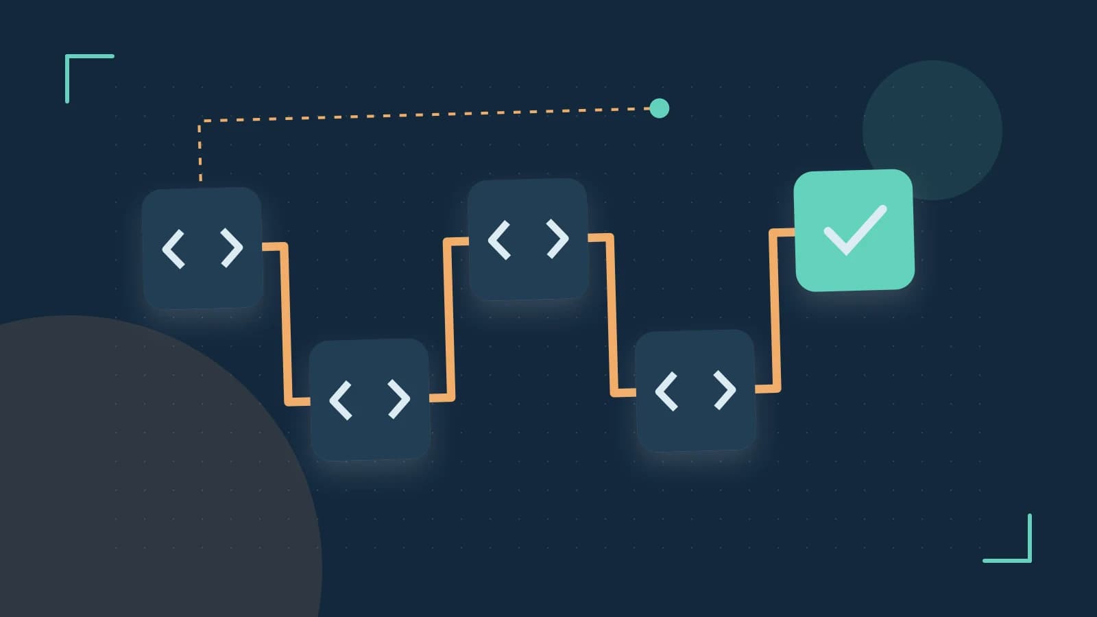 Editorial illustration of a branching build pipeline, staged transformations and a completed check