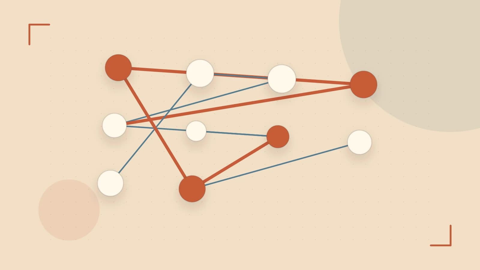 Editorial illustration of an algorithmic node graph with branching paths and a highlighted result