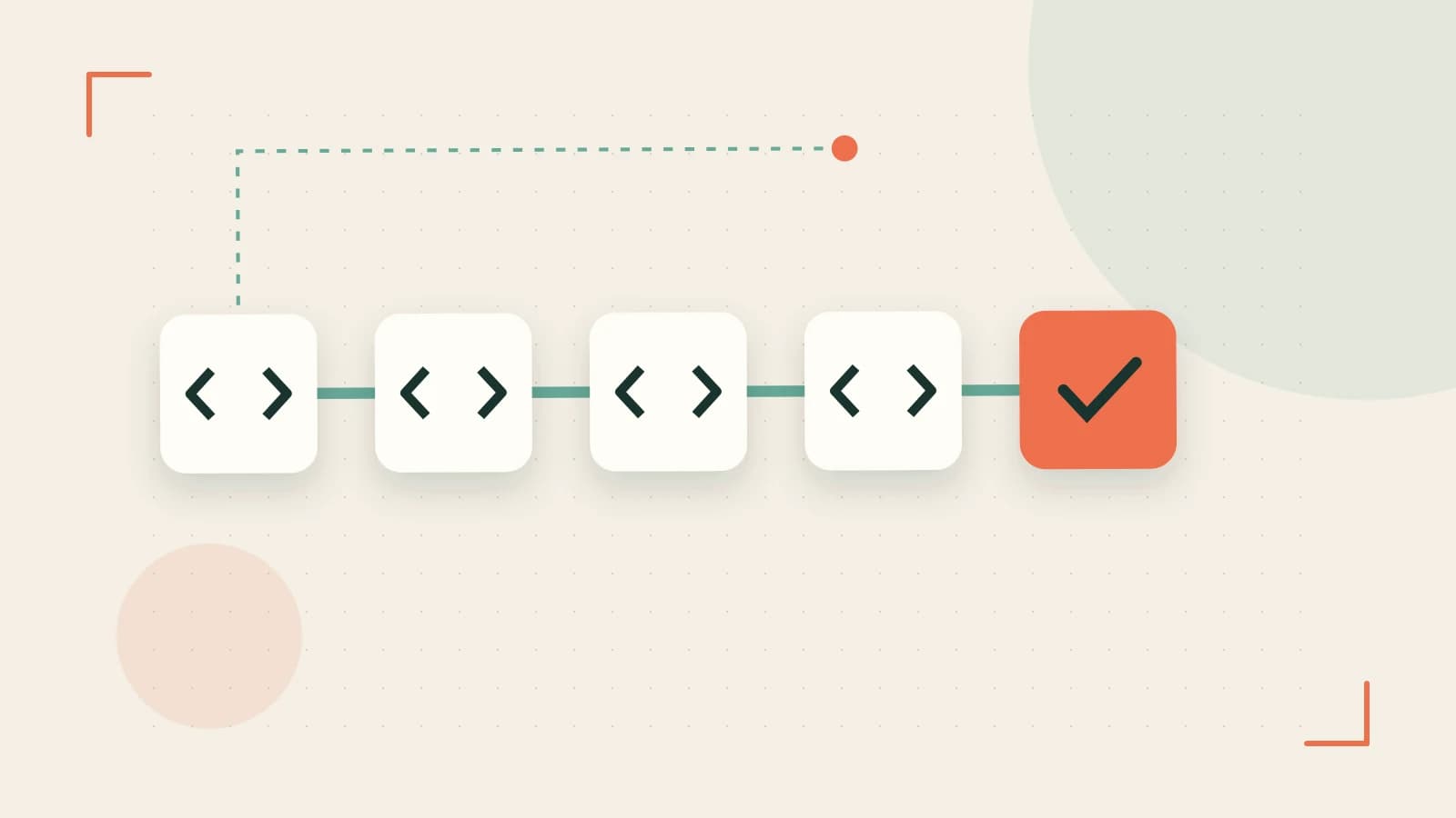 Editorial illustration of a branching build pipeline, staged transformations and a completed check