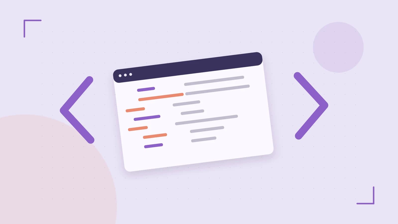 Editorial illustration of an abstract code editor, syntax blocks and oversized programming brackets
