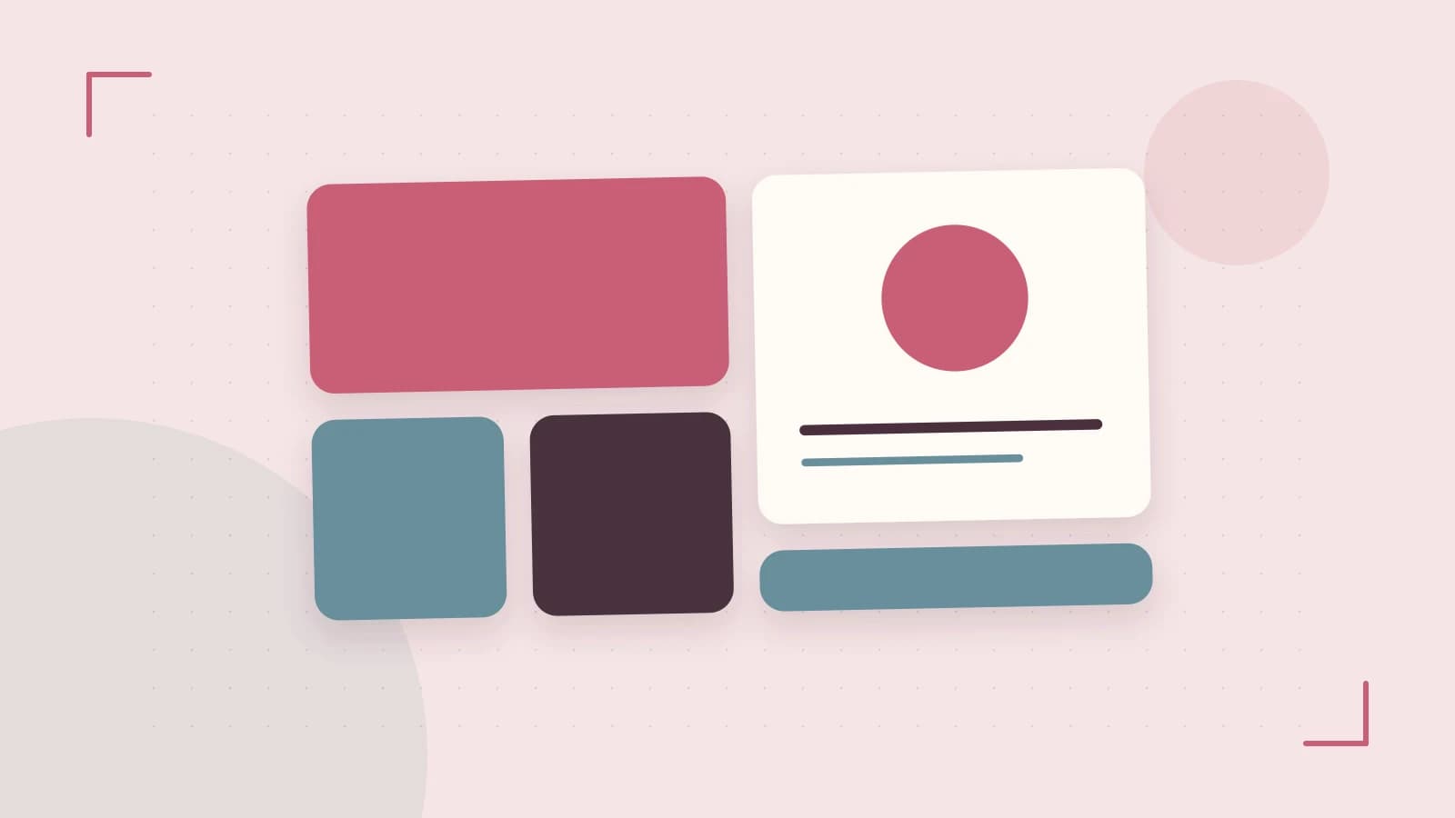Editorial illustration of responsive browser layouts, overlapping design components and a color system