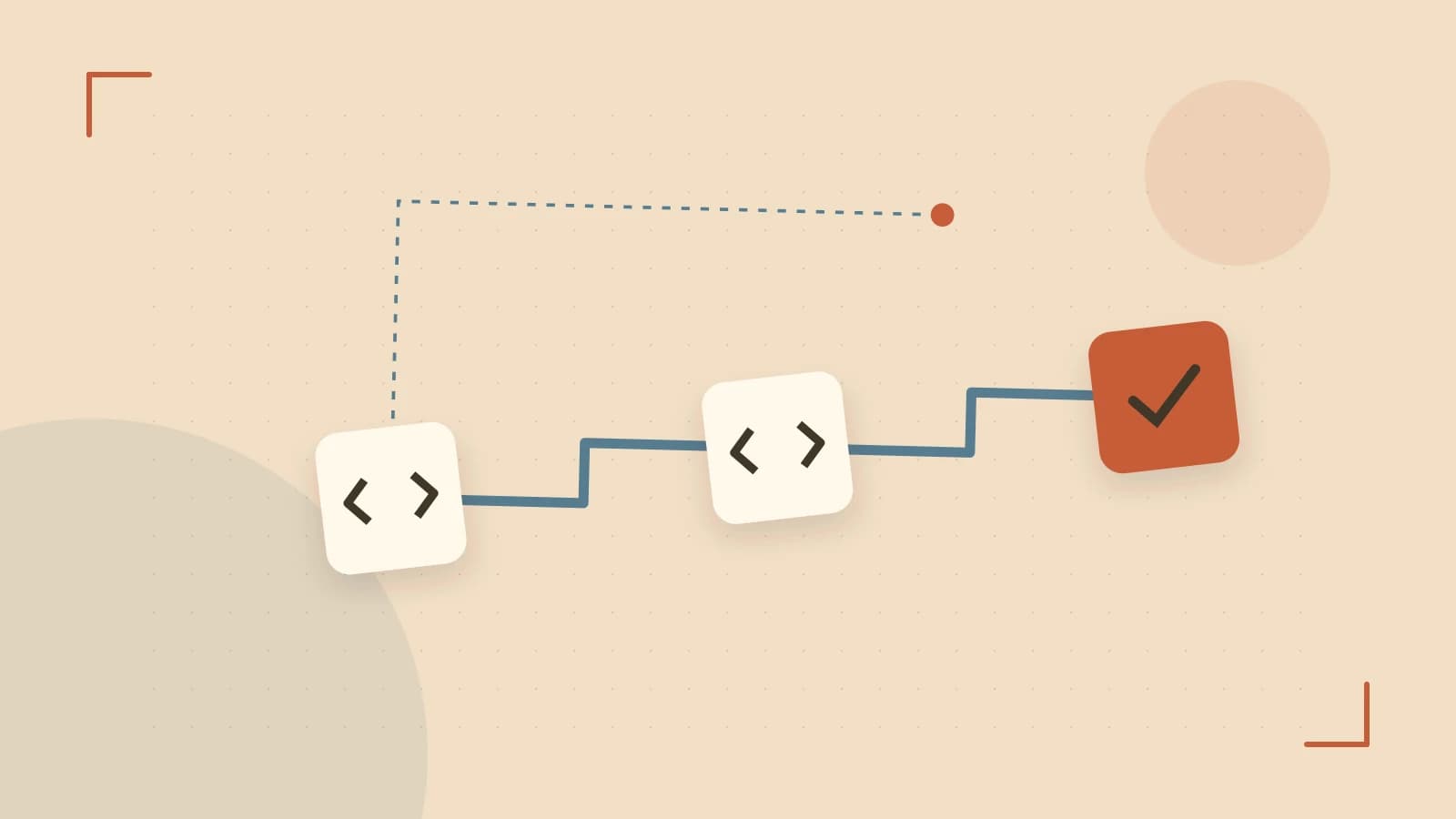 Editorial illustration of a branching build pipeline, staged transformations and a completed check
