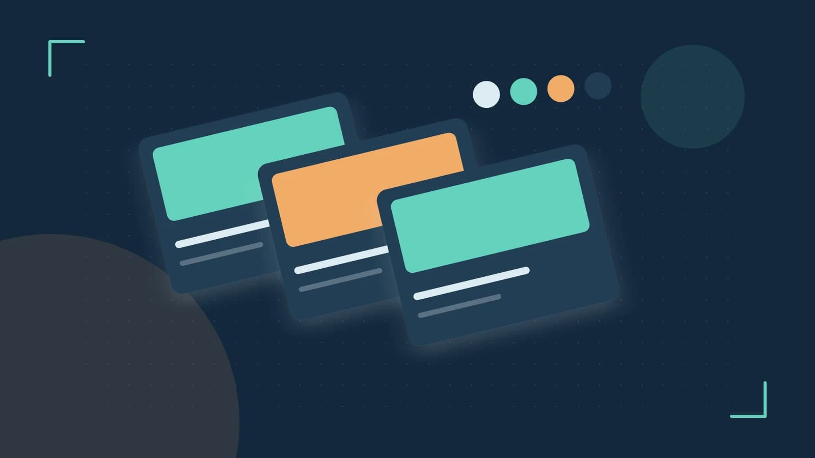 Editorial illustration of responsive browser layouts, overlapping design components and a color system
