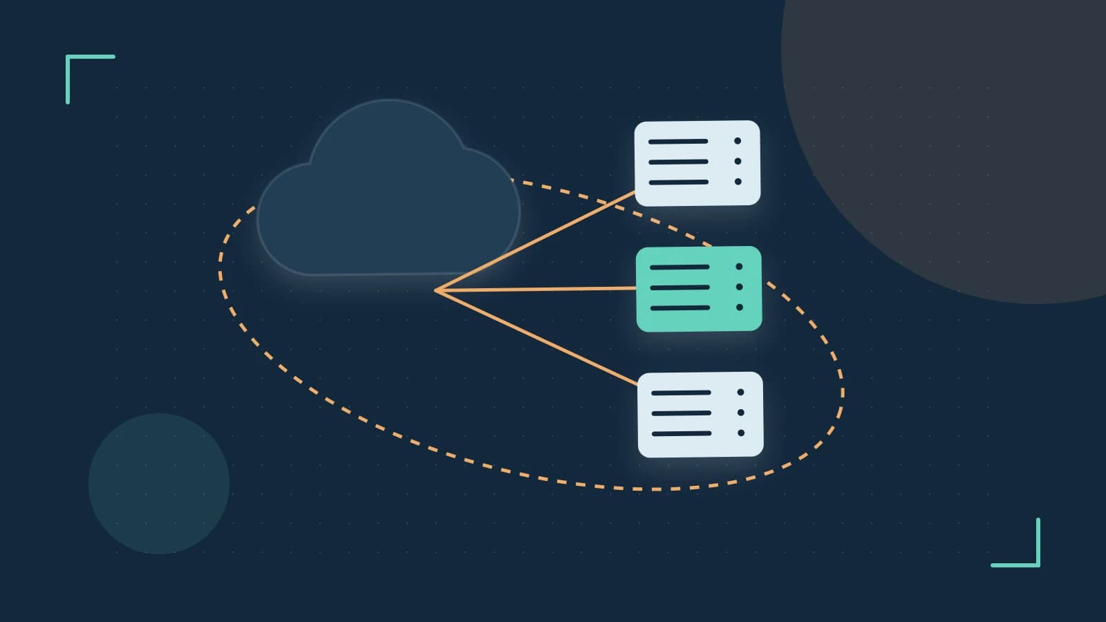 Editorial illustration of cloud infrastructure, connected server racks and an orbital service map