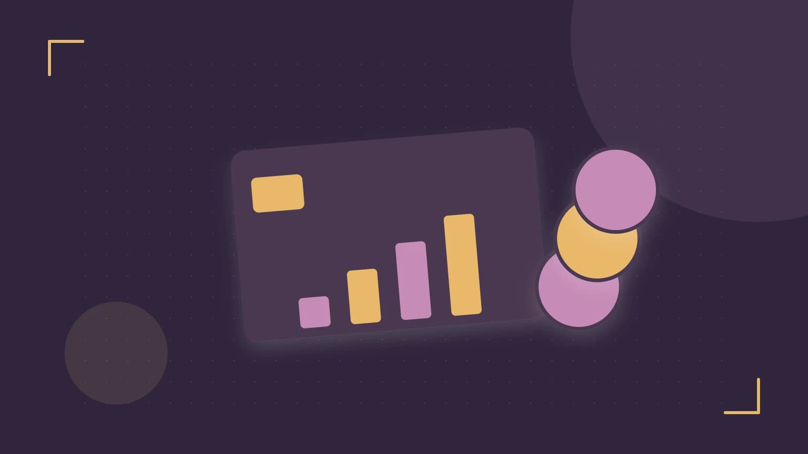 Editorial illustration of abstract coins, a payment card and a geometric financial chart without data labels