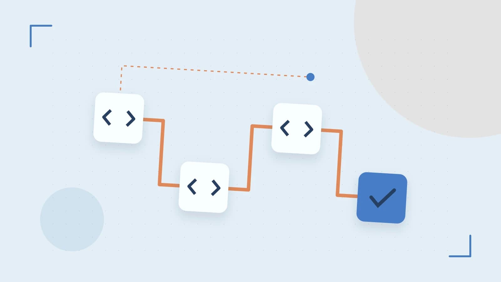 Editorial illustration of a branching build pipeline, staged transformations and a completed check