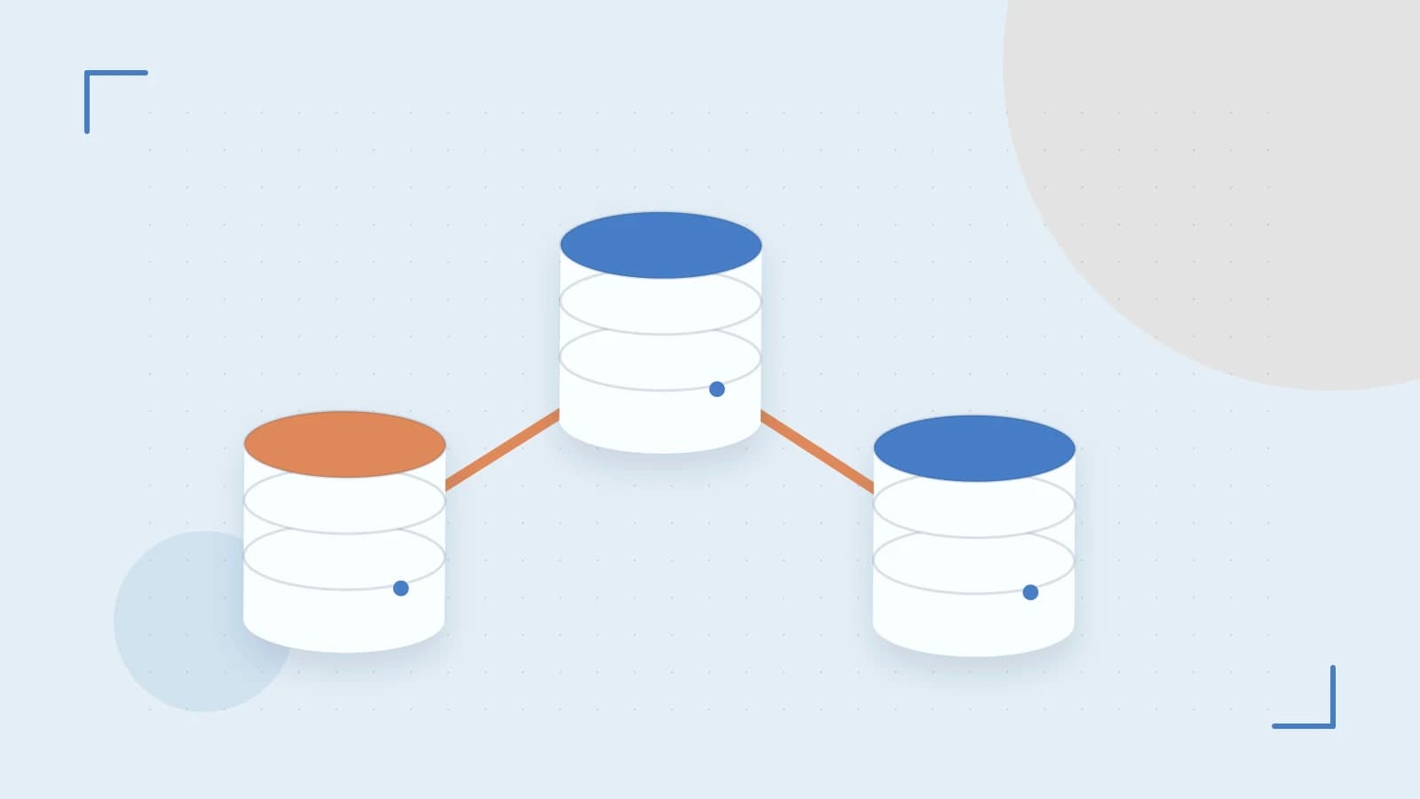 Editorial illustration of structured records, database cylinders and relationships between tables