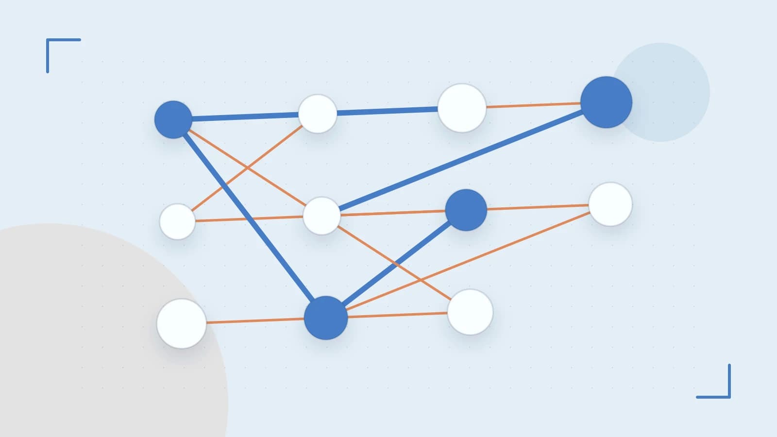 Editorial illustration of an algorithmic node graph with branching paths and a highlighted result