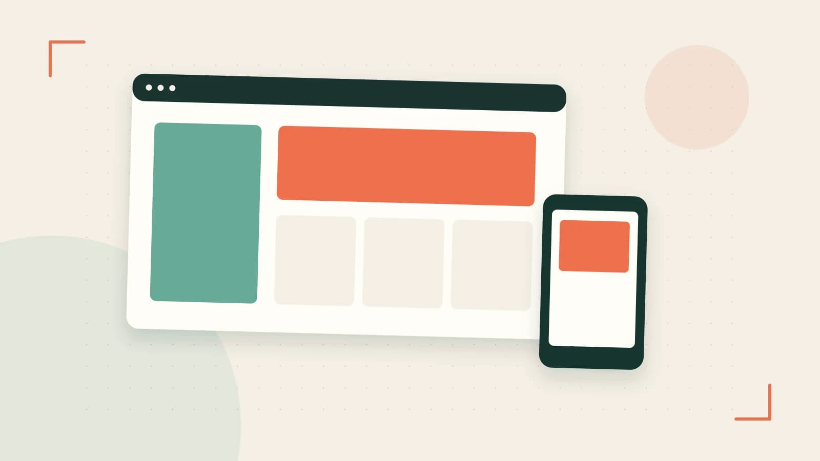 Editorial illustration of responsive browser layouts, overlapping design components and a color system