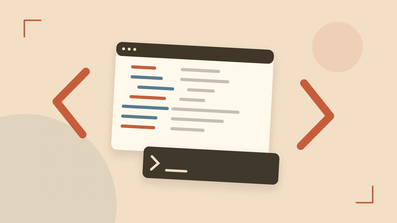 Editorial illustration of an abstract code editor, syntax blocks and oversized programming brackets