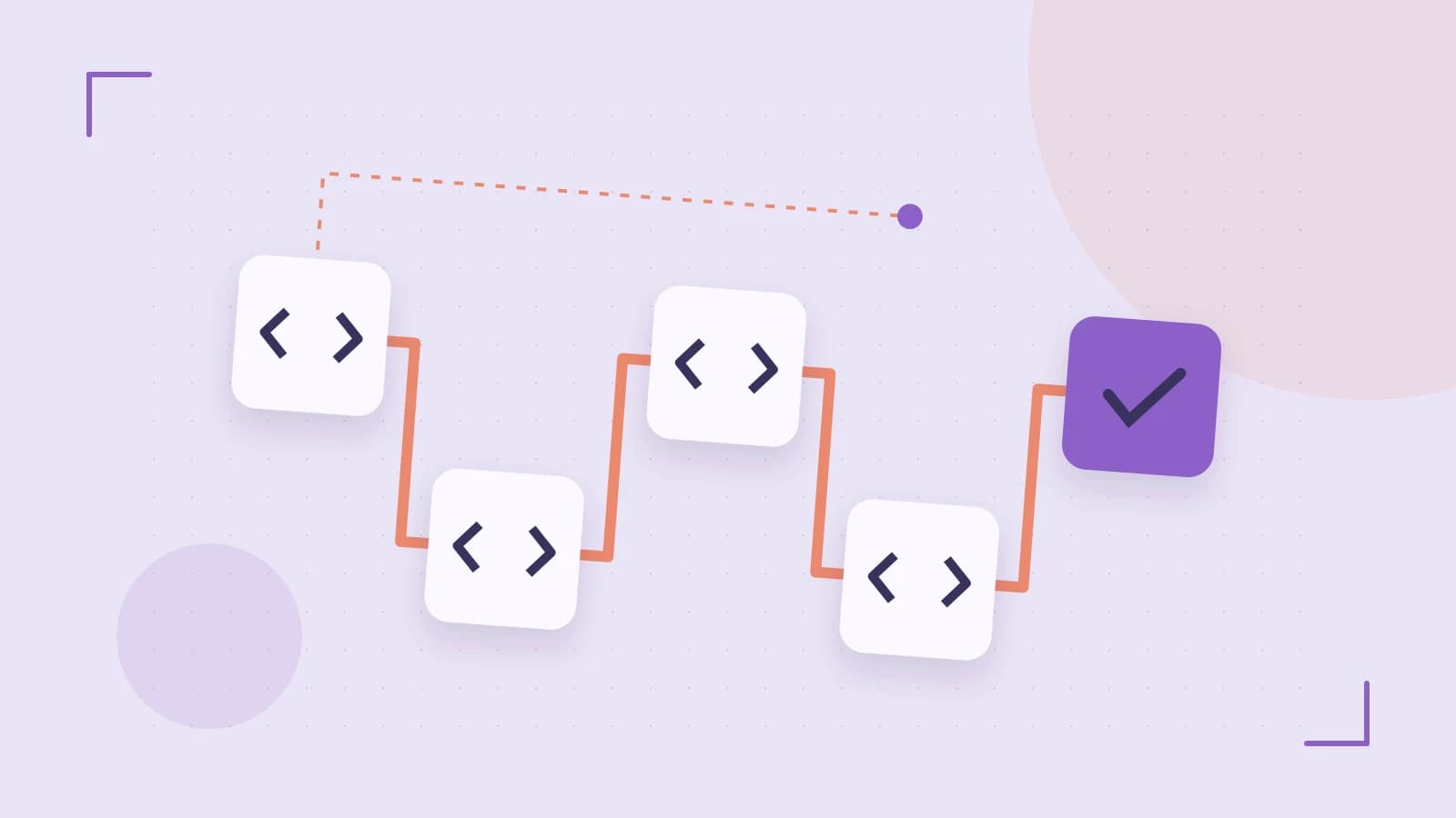 Editorial illustration of a branching build pipeline, staged transformations and a completed check
