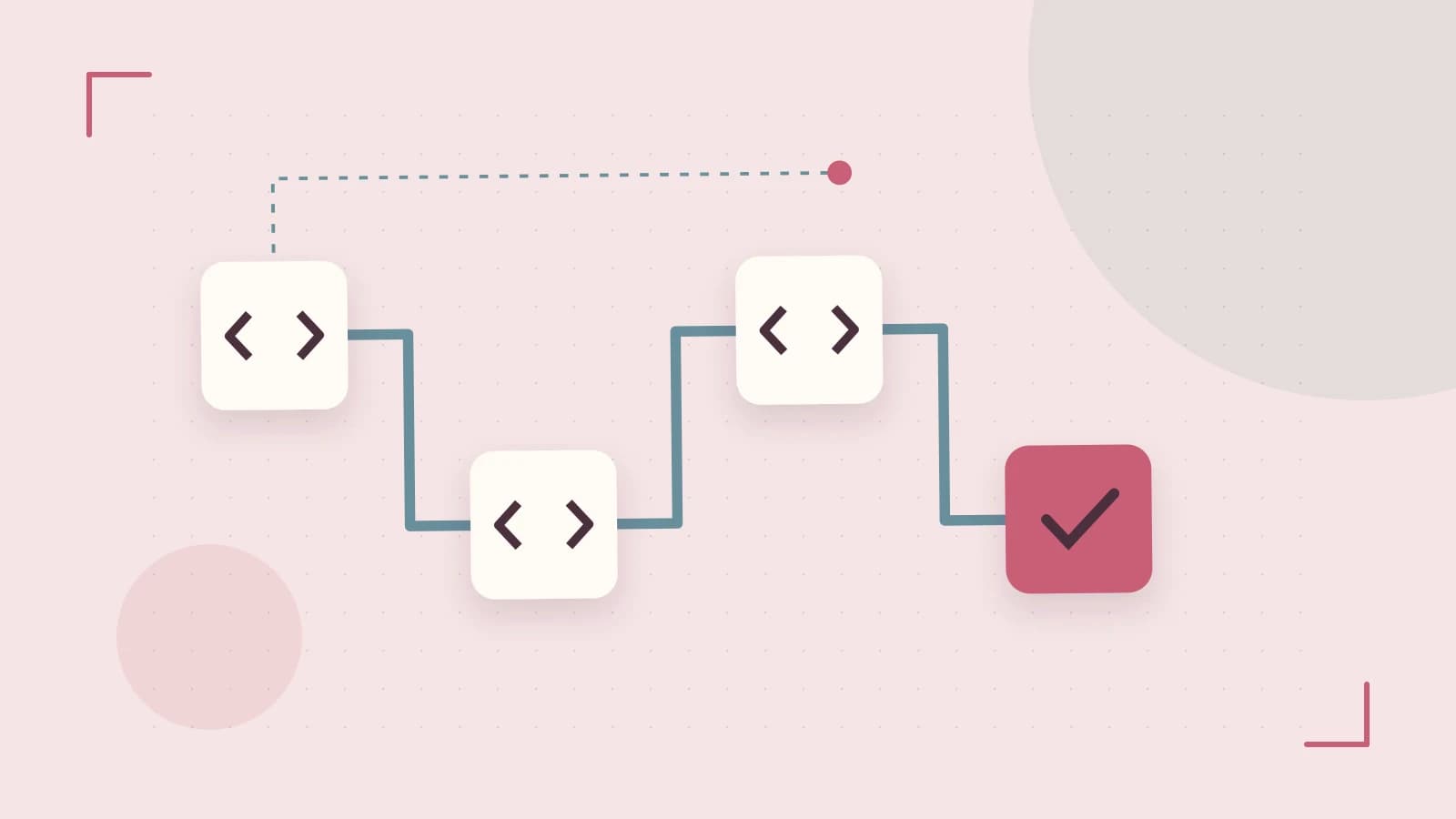 Editorial illustration of a branching build pipeline, staged transformations and a completed check