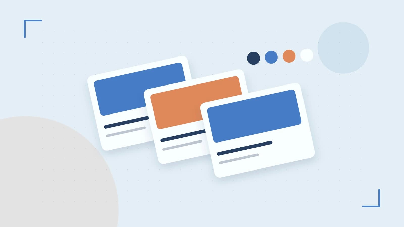 Editorial illustration of responsive browser layouts, overlapping design components and a color system