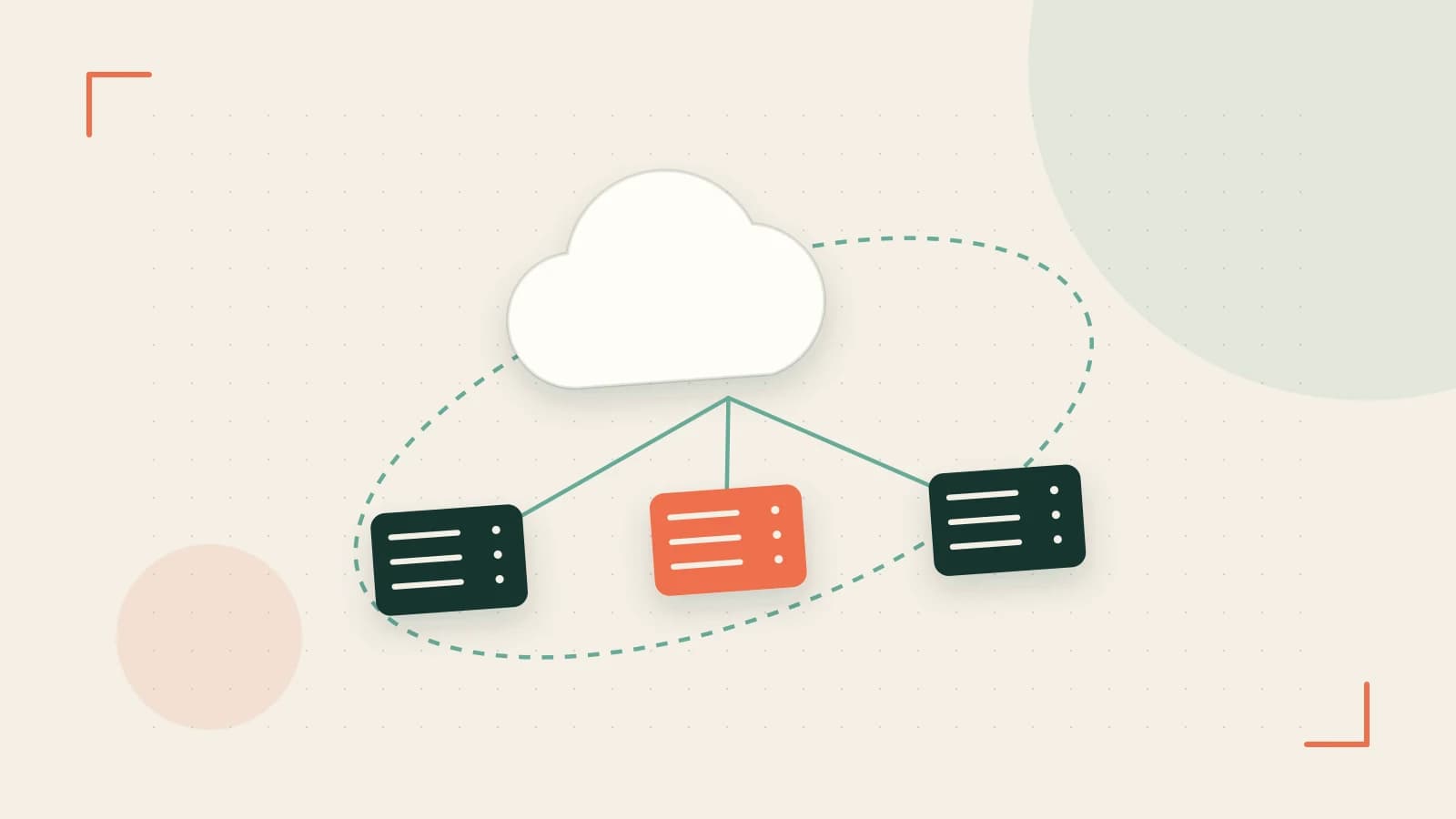 Editorial illustration of cloud infrastructure, connected server racks and an orbital service map