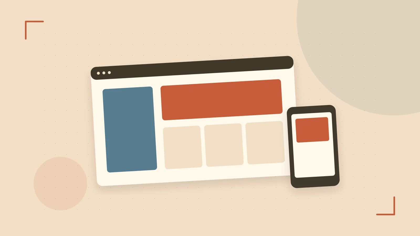 Editorial illustration of responsive browser layouts, overlapping design components and a color system