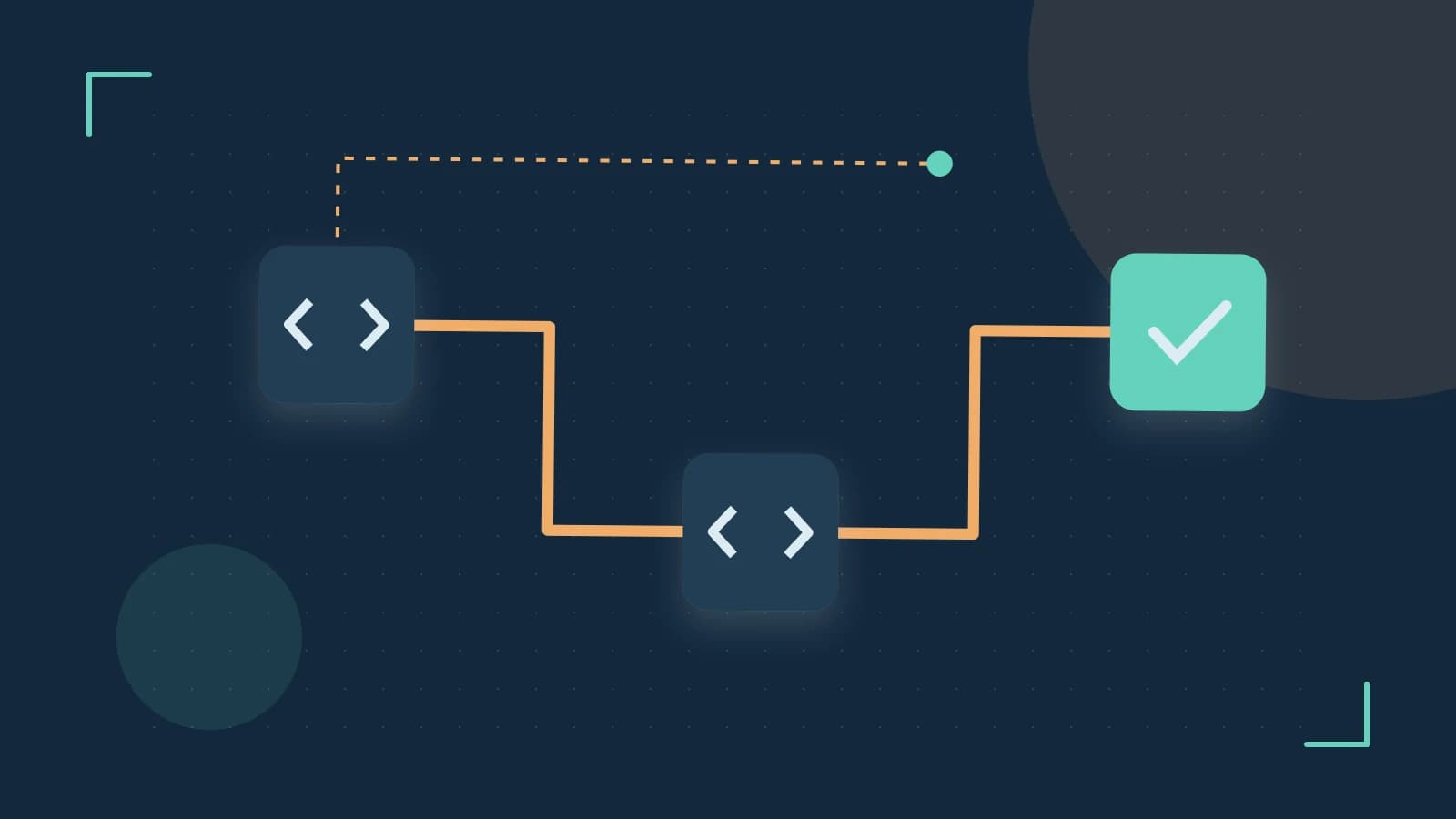 Editorial illustration of a branching build pipeline, staged transformations and a completed check