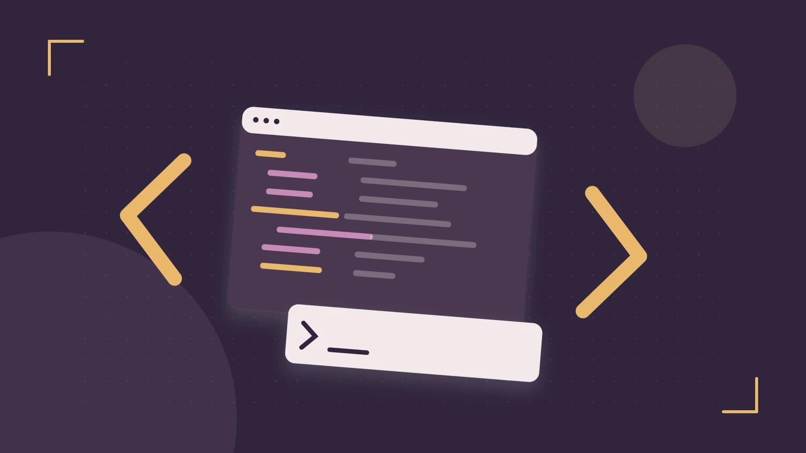Editorial illustration of an abstract code editor, syntax blocks and oversized programming brackets