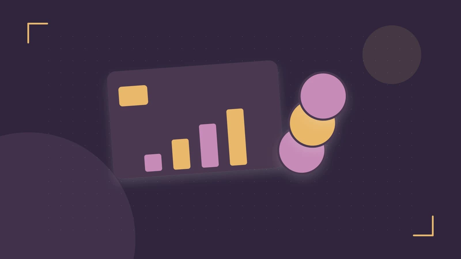 Editorial illustration of abstract coins, a payment card and a geometric financial chart without data labels