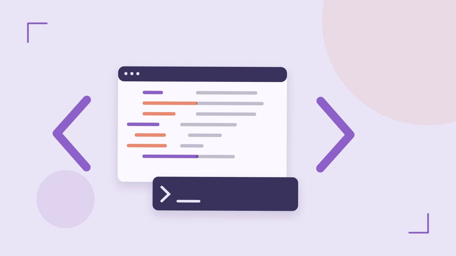 Editorial illustration of an abstract code editor, syntax blocks and oversized programming brackets