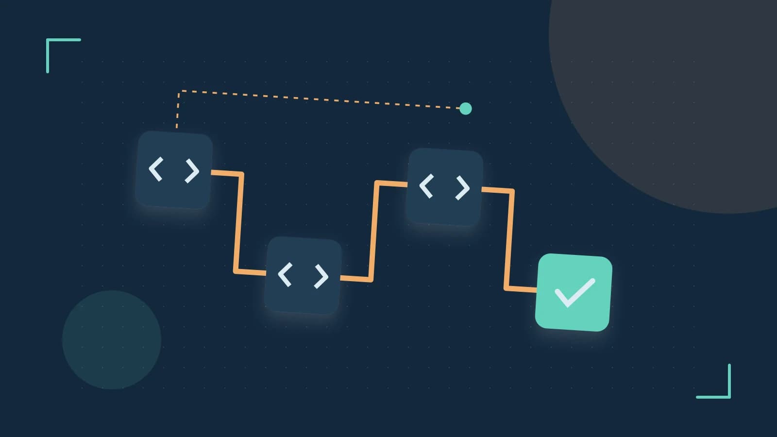 Editorial illustration of a branching build pipeline, staged transformations and a completed check
